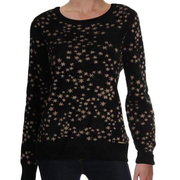 Michael Kors Sweaters - (CL) Michael Kors Womens 2X Star Print Metallic Knit Sweater Black Gold Zipper